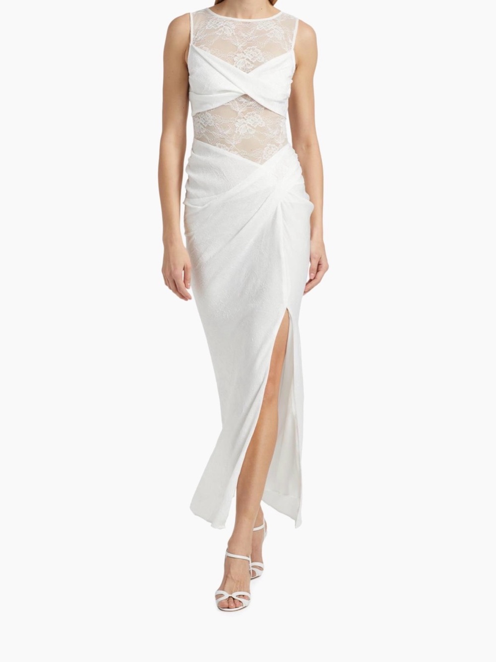Nida White Lace Sheer Bodice Draped Maxi Dress